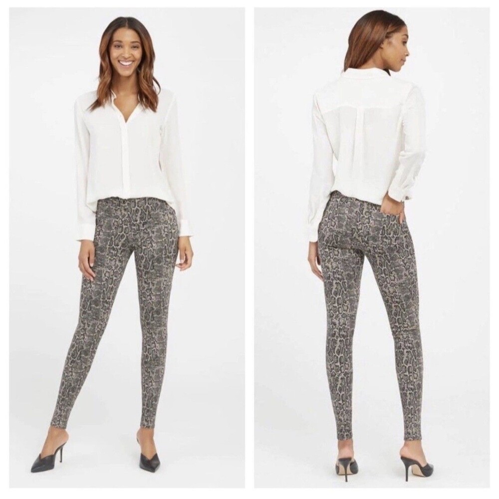 Spanx Size Large Taupe Snakeskin Print Jean-ish Legging Pants Tummy Control